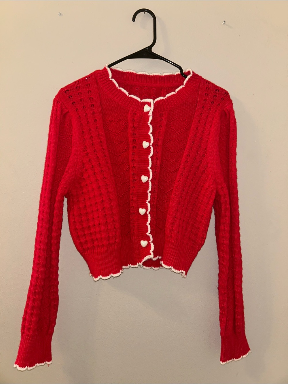 SHEIN Red Knit Cardigan with White Trim and Heart Buttons